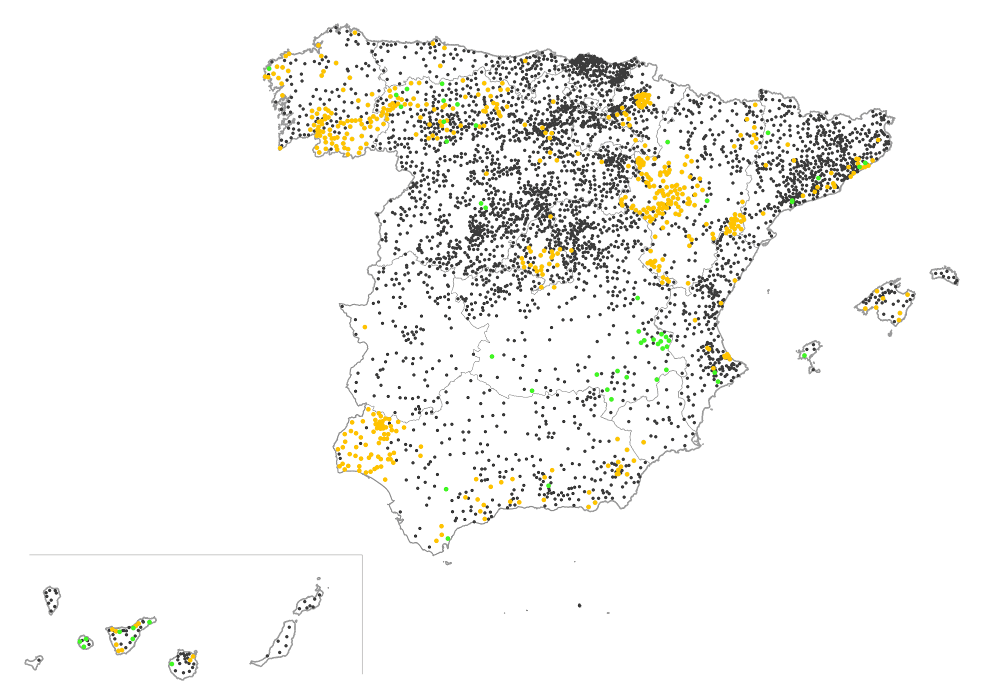 Mapa con municipios con presencia de PFAS en el límite o por encima de la normativa